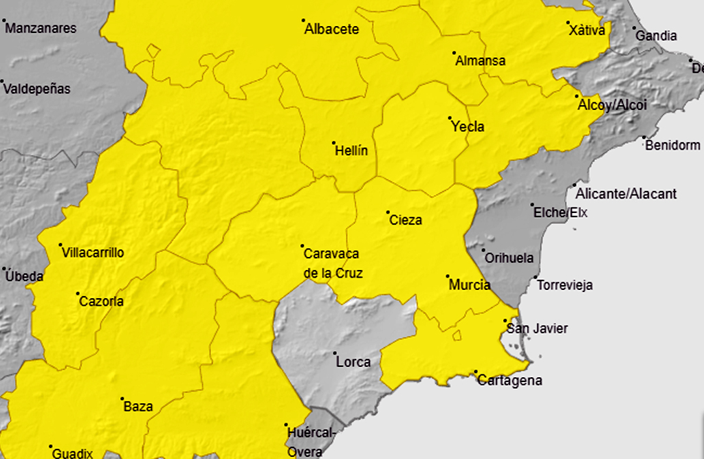 Meteorología vuelve a emitir aviso amarillo por tormentas y lluvias en el Noroeste y Vega del Segura 